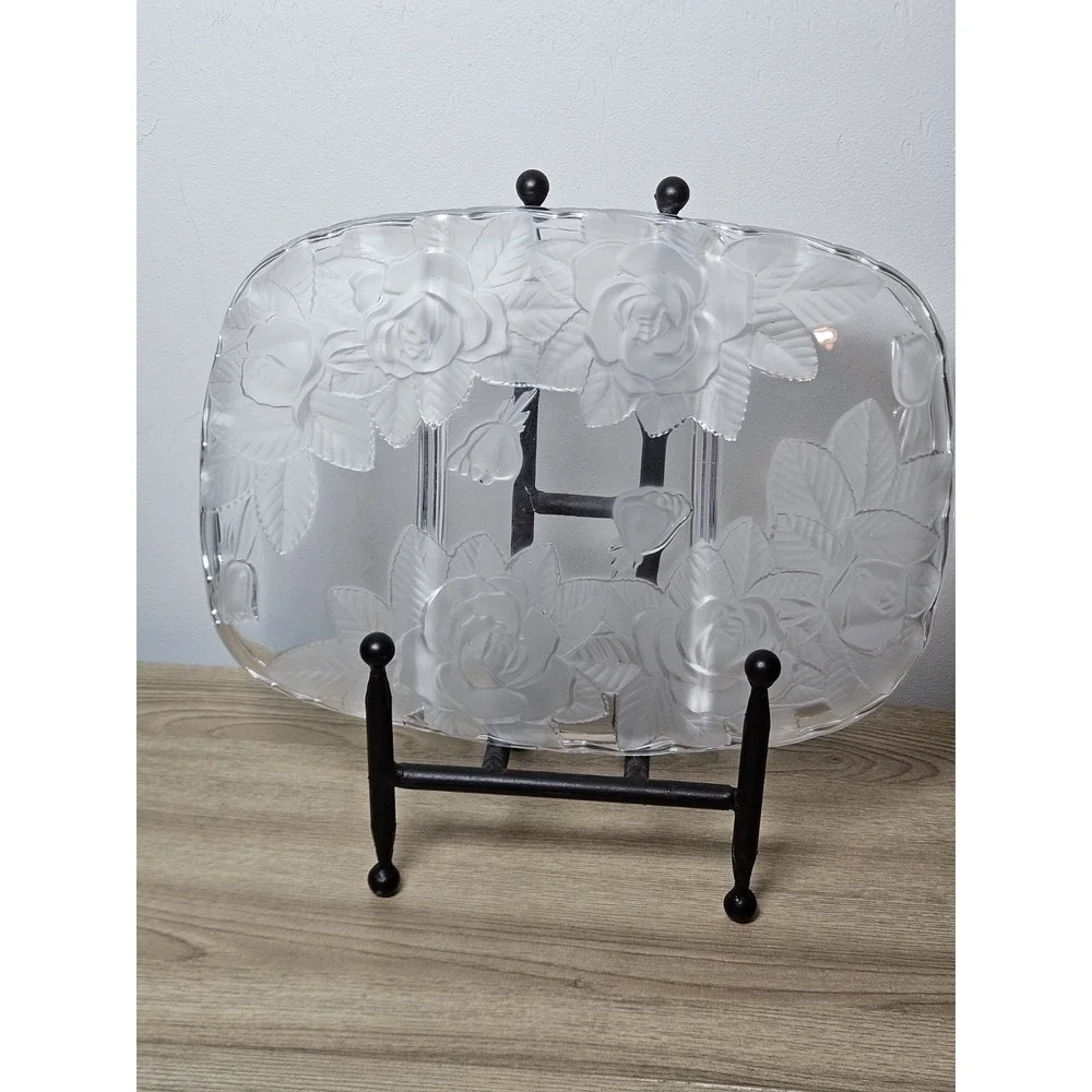 Vintage Frosted Rose Floral Glass Divided Relish Serving Tray 11.5